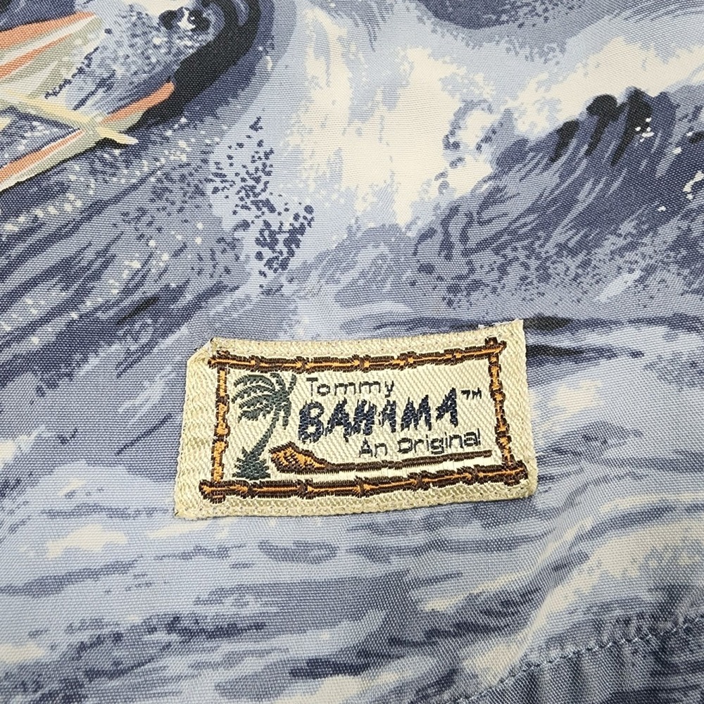Vintage Tommy Bahama Shirt Mens M Blue Hawaiian Surfing Waves Canoe Rayon Aloha - Picture 4 of 13